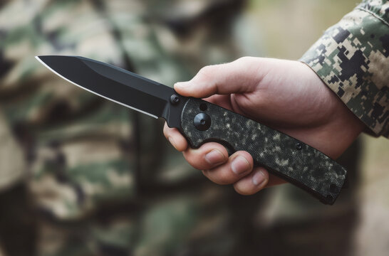Soldier holds tactical knife in hand during outdoor training in a wooded area