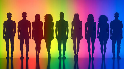 Silhouettes of Diverse People Stand Against a Vibrant Rainbow Gradient Backdrop Reflecting Unity and Diversity.