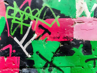 Vibrant Graffiti Art Explodes with Green, Pink, Black, and White on a Textured Wall
