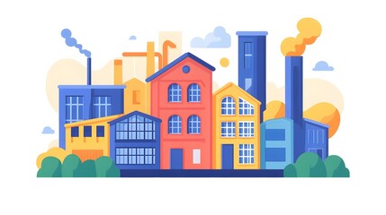 Fototapeta premium Industrial Cityscape Featuring Colorful Buildings and Factories