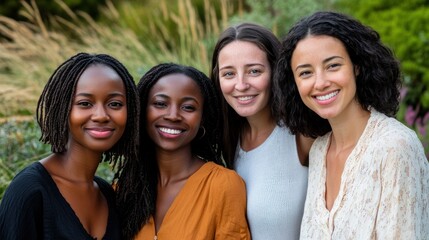 Obraz premium Multiracial women friends smiling outdoors on solid white background