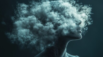 Smoky woman portrait, dark background, digital art, mental health