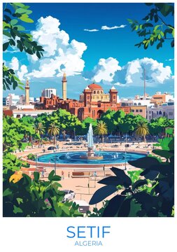 Setif Algeria Travel Poster Flat Illustration Print Decor Gift Canvas Wall Art Gift