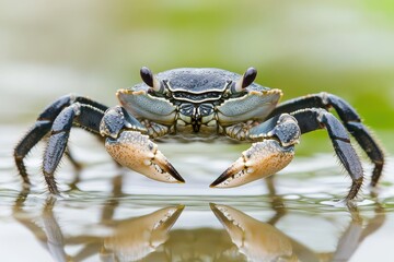 A close-up of a crab in shallow water, showcasing its detailed features and reflective surface.