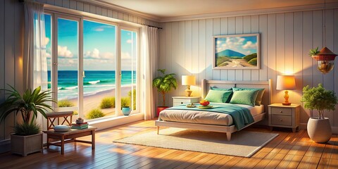 Fototapeta premium Tilt-Shift 3D Seaside Bedroom: Miniature Ocean View, Coastal Dream Room, Fantasy Interior Design