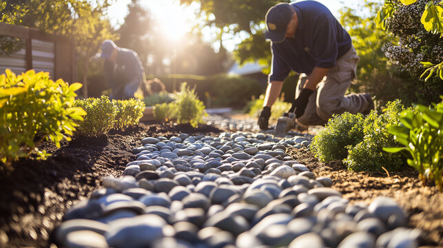 A landscaping crew installing decorative rocks and plants under warm sunlight