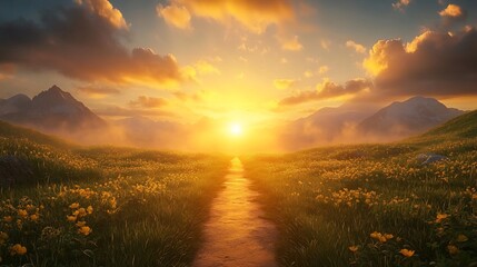 Sunset path through mountain meadow (1)