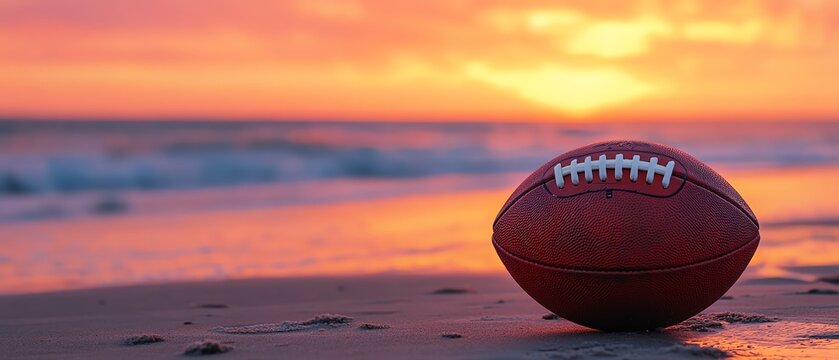Rugby ball on sandy beach at sunset - Powered by Adobe