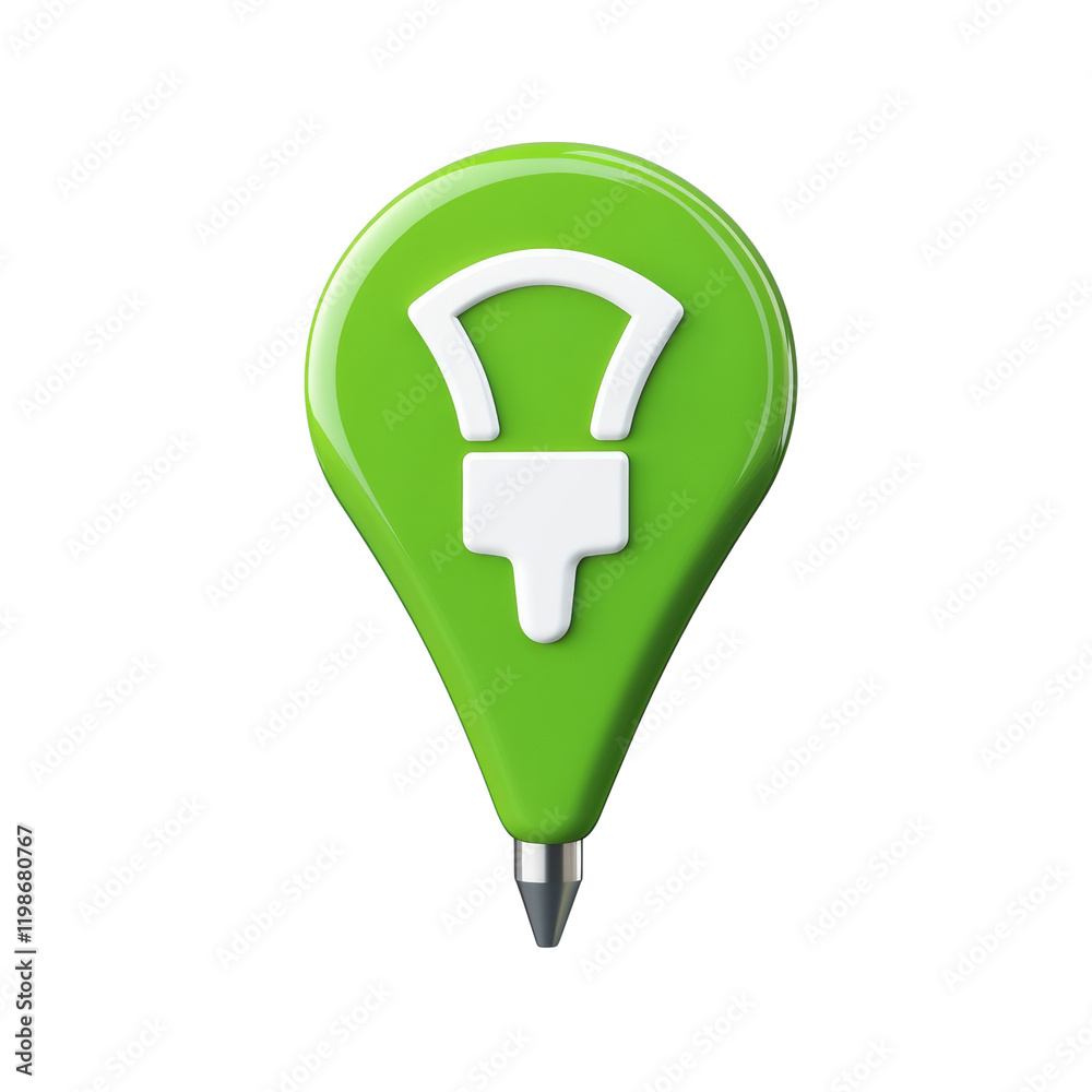 Poster a 3d rendered green location marker with a white lightbulb icon symbolizes a creative idea location.