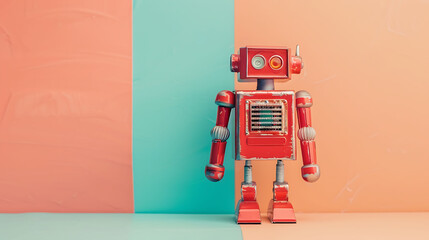Fototapeta premium Red metal toy robot isolated on a aqua and peach background