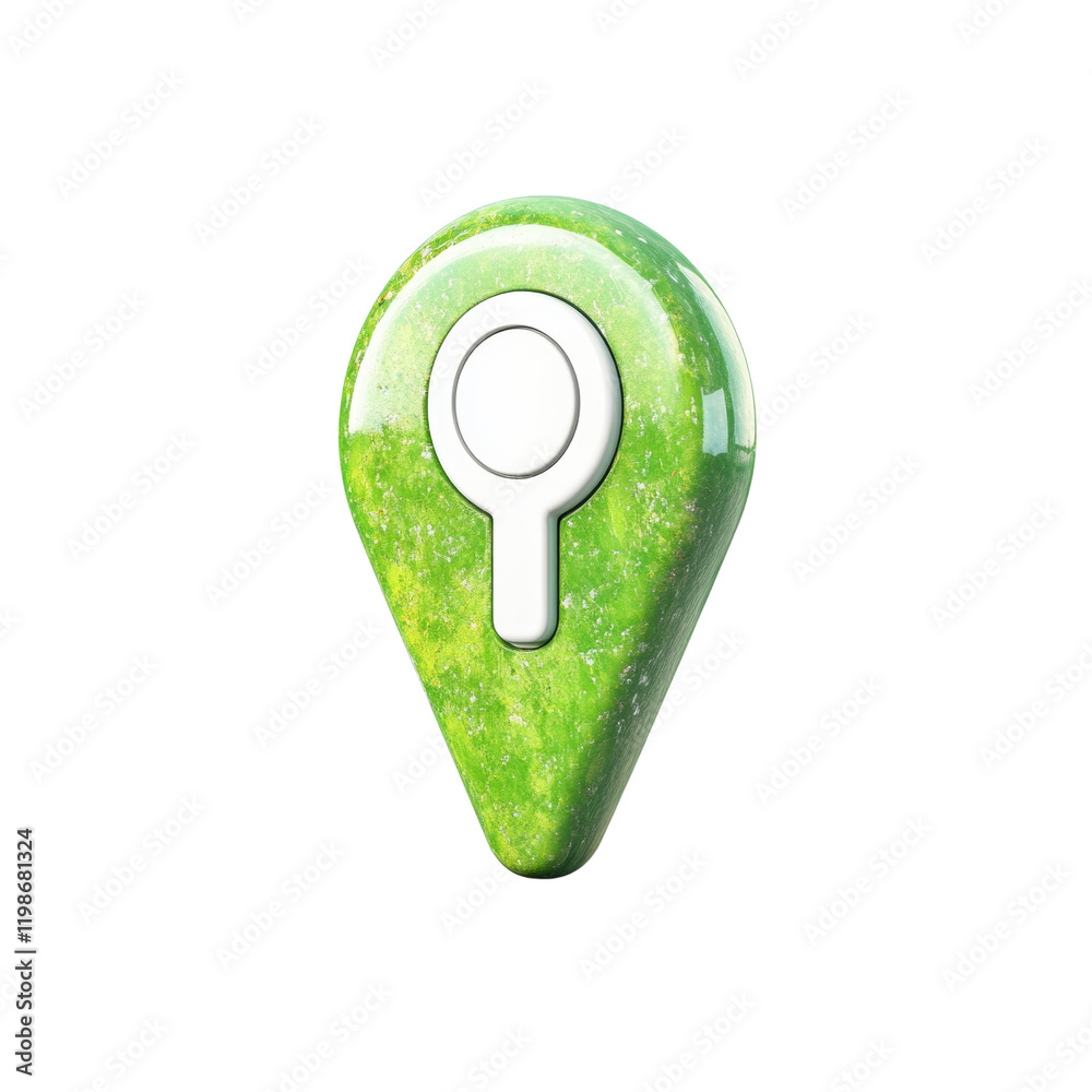 Poster A 3D rendered image of a green location marker with a white inner circle, symbolizing digital mapping and navigation.