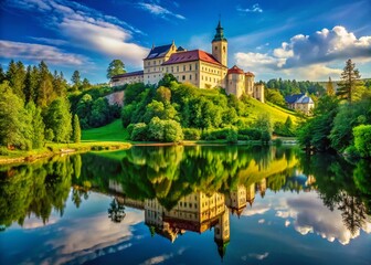 Fototapeta premium Panoramic View of Mitrowicz Castle on the Luznice River, South Bohemia, Czech Republic