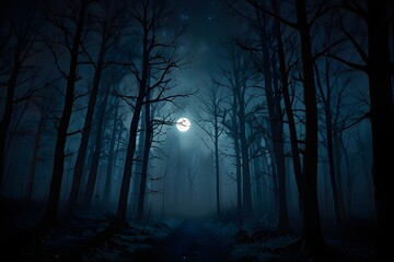 Fototapeta premium Spooky night foggy forest under the night sky with a full moon in cold blue tones. Halloween backdrop. Generative AI