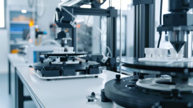 A modern industrial additive manufacturing facility with 3D printers creating customized prosthetics and medical devices for healthcare applications, Additive manufacturing facility scene