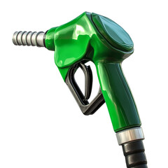 A close-up view of a shiny green fuel nozzle, ready to dispense gasoline into a vehicle.