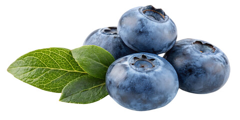 Bunch of blueberries with a leaf on top. Isolated, on transparent background. PNG