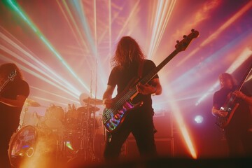 Fototapeta premium High-energy live band performance with vibrant lights and instruments in motion