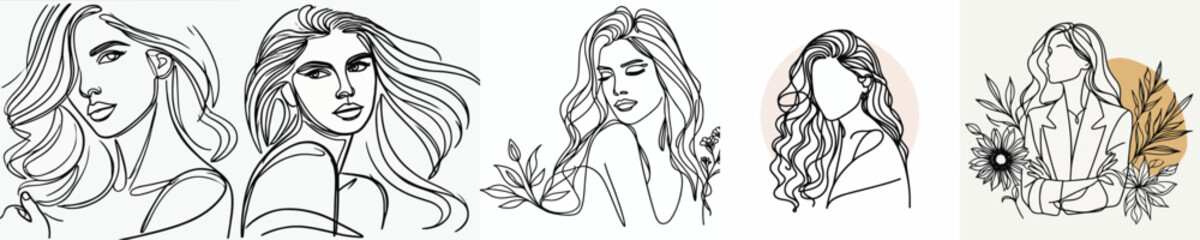 vector collection of female models with continuous line style