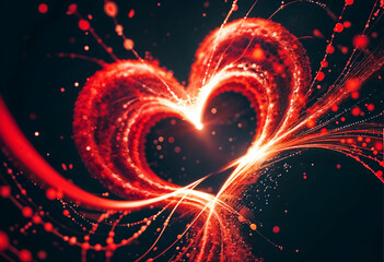 Love's Cosmic Glow: A radiant heart composed of swirling fiery lines and sparks illuminates the dark canvas, symbolizing passion, devotion, and the boundless power of love. 