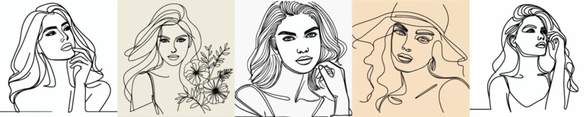 vector collection of women with continuous line style