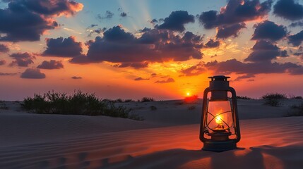 Desert sunset, lantern, sand, dunes, vibrant sky, hope, travel, adventure, calm, peace