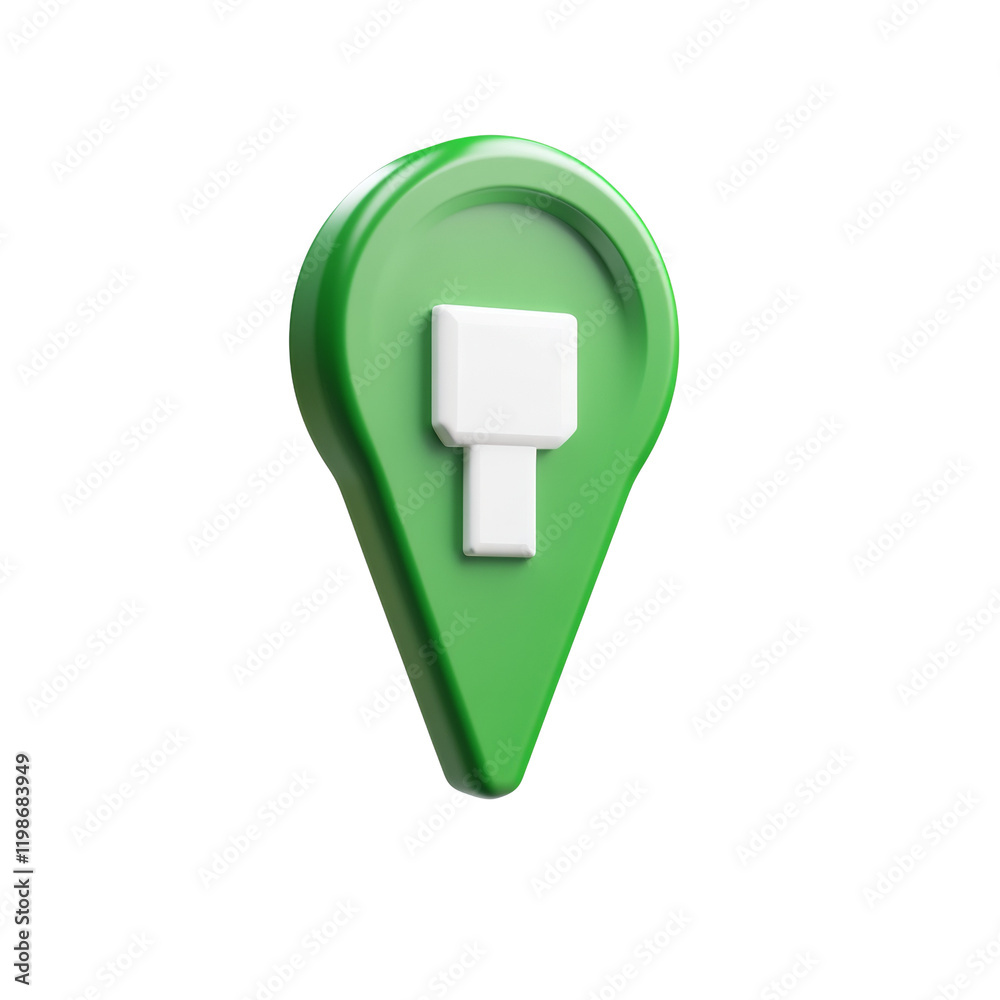 Poster A three dimensional rendering of a green location marker with a simple white icon in the center.
