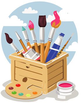 Wooden Art Supplies Box with Brushes and Paints