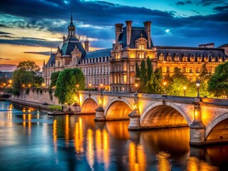 Fototapeta premium Parisian Night: Pont Royal & Pavillon de Flore from Seine Riverbank - Low Light Photography