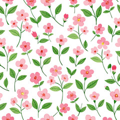 Seamless pattern of small, delicate pink flowers with green leaves 