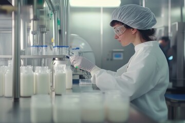 Worker conducts quality testing of plant-based milk in a clean laboratory
