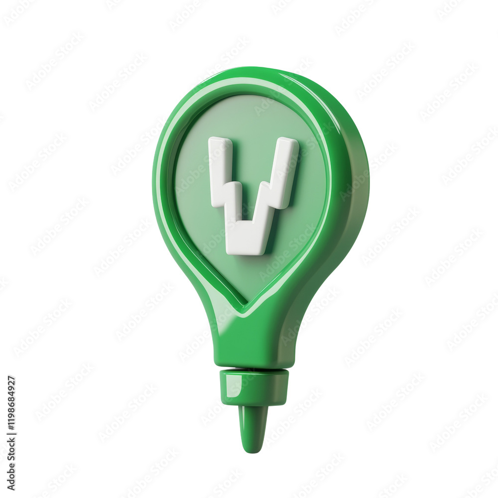 Poster a 3d rendered image of a green location pin featuring a stylized white w.
