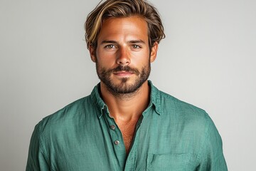 Obraz premium A portrait of a man with a beard and tousled hair, wearing a green shirt against a neutral background.