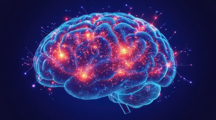 Glowing brain, neural activity, dark background, medical illustration