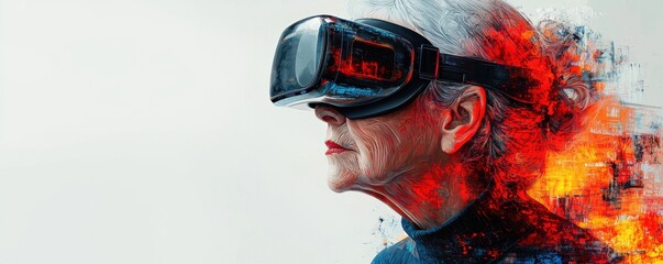 Obraz premium Elderly woman exploring virtual reality with futuristic headset