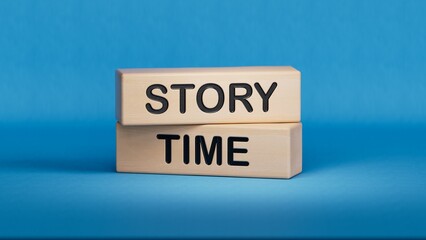 Story Time symbol. Concept word Story Time on black chalk background. Business and Story Time concept. Wooden cube blocks. Copy space.3D rendering on blue background.
