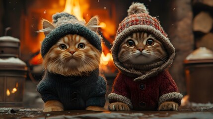 Animation of a dog and cat duo dressed in matching winter outfits standing by a fireplace