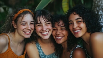 Fototapeta premium Smiling women friends with different skin types.