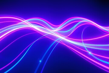 Abstract waves of vibrant pink and blue light create a dynamic visual effect.