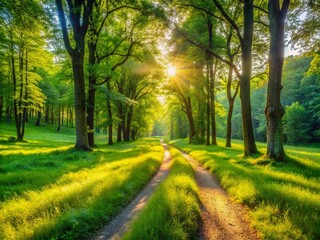 Fototapeta premium Peaceful Meadow Landscape: Narrow Dirt Path Through Lush Green Grass, Tall Trees, and Dappled Sunlight