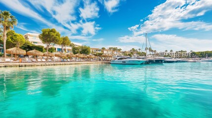 Coastal resort with yachts and palm trees