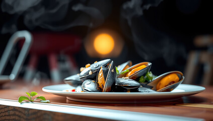mussel meal on black background. Generative AI