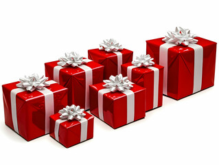 Obraz premium Seven Red Gift Boxes with White Ribbons Arranged in Ascending Order on a White Background