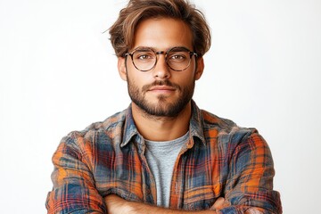 Obraz premium A young man with glasses and a plaid shirt poses confidently against a plain background.