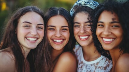 Fototapeta premium Smiling women friends with different skin types.