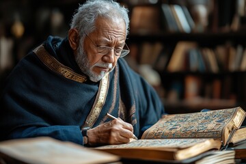 An elderly scholar studies an ancient book, immersed in knowledge and reflection.