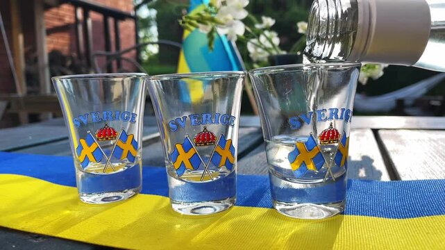 Swedish schnapps pouring into glasses with Swedish national colors. SLOW MOTION