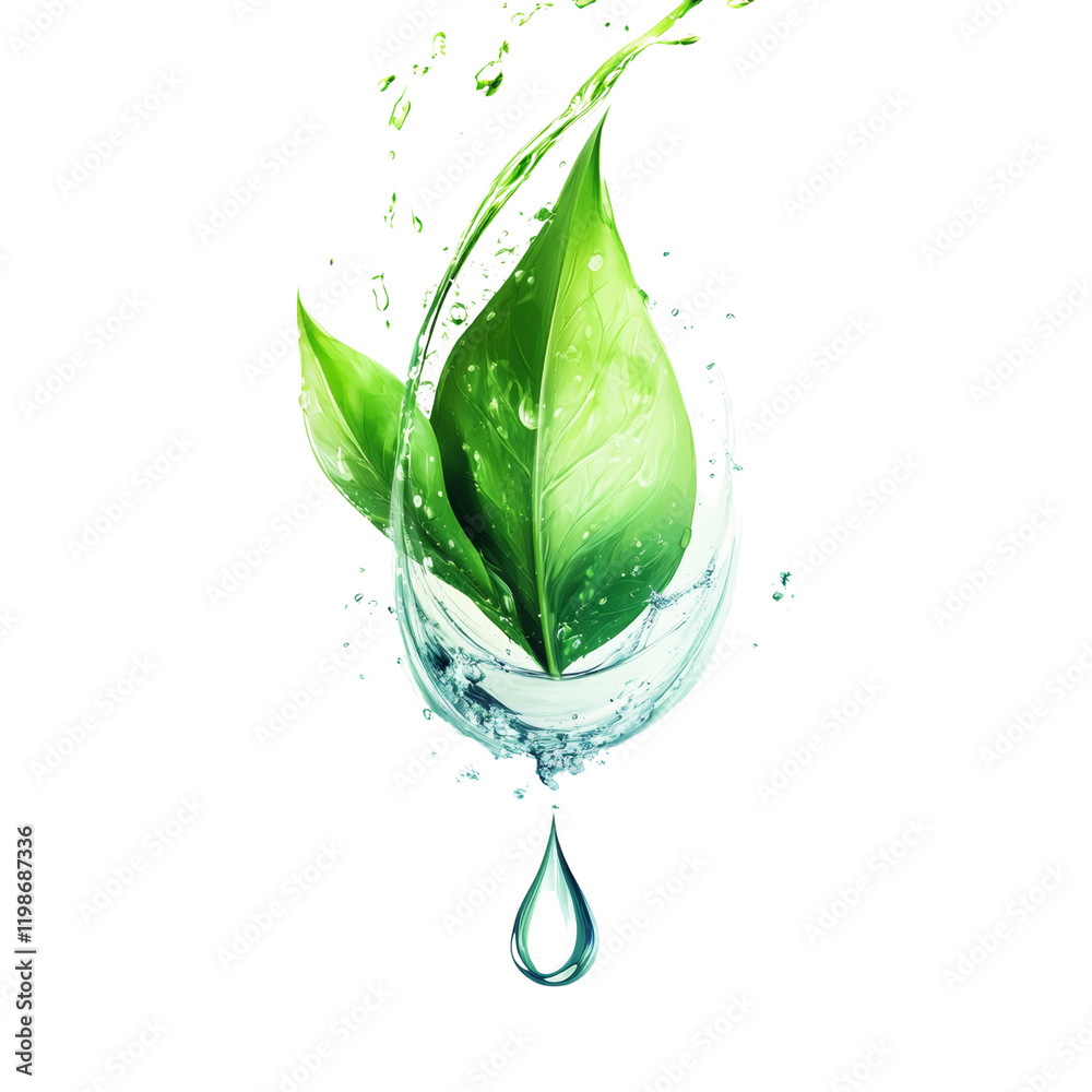 Poster the image depicts vibrant green leaves surrounded by a dynamic water splash culminating in a single 