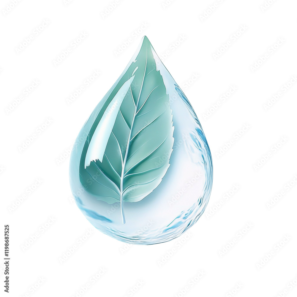 Poster the image depicts a teardrop of water containing a single leaf, symbolizing purity and the environme