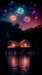 Fototapeta premium Lakeside Cabins Glow Under a Festive Fireworks Display with Starry Night Reflections