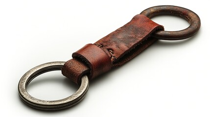 A leather keychain with two metal rings, designed for holding keys securely.